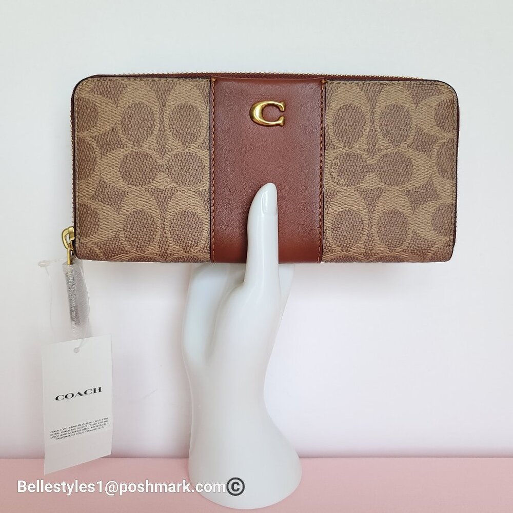 COACH Slim Accordion Zip Wallet In Signature Canvas with Back Slip Pocket-Tan ⭐
